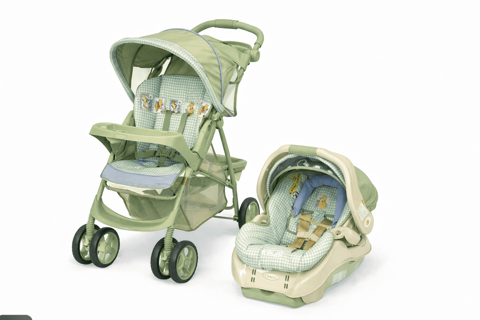 AI-generated illustration of a 1990s bear-themed vintage baby stroller with pastel fabric and quilted canopy