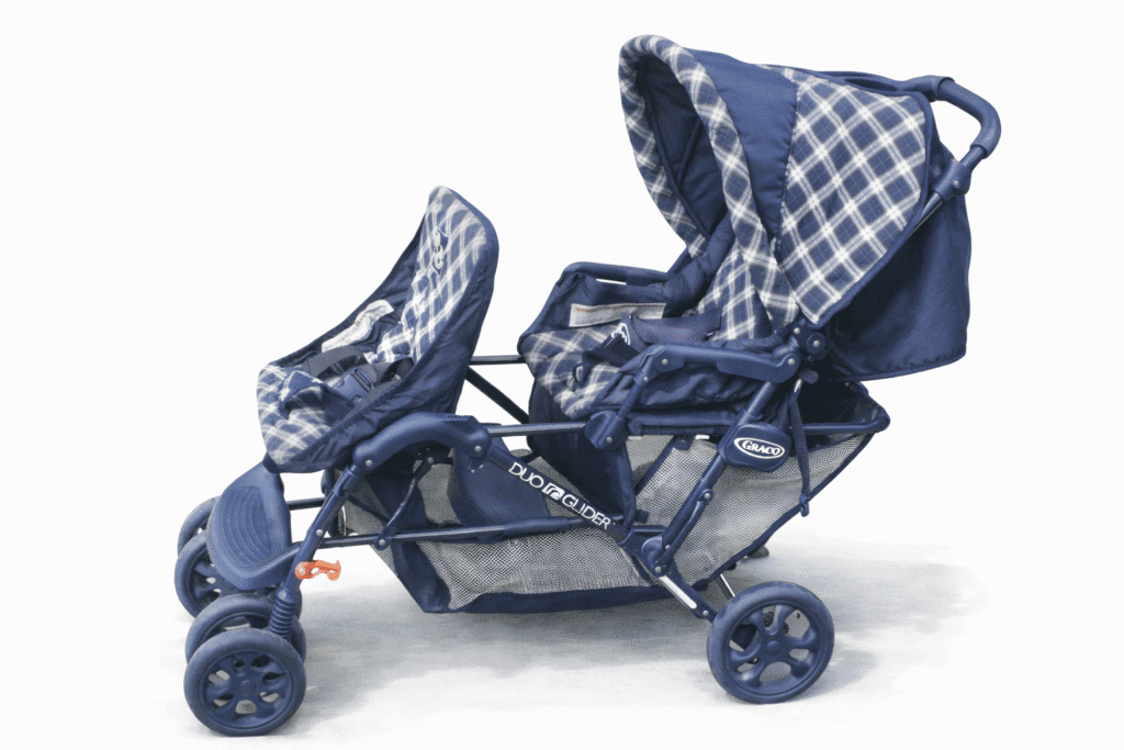 AI-generated illustration of a vintage double baby stroller with two seats side by side