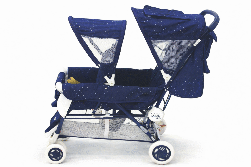 AI-generated illustration of a vintage double baby stroller with two seats side by side